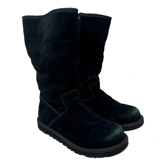 UGG Black Suede Zip Sunshine Tall Boots Sz 6 Shearling Winter Snow Classic 90s - Picture 1 of 14